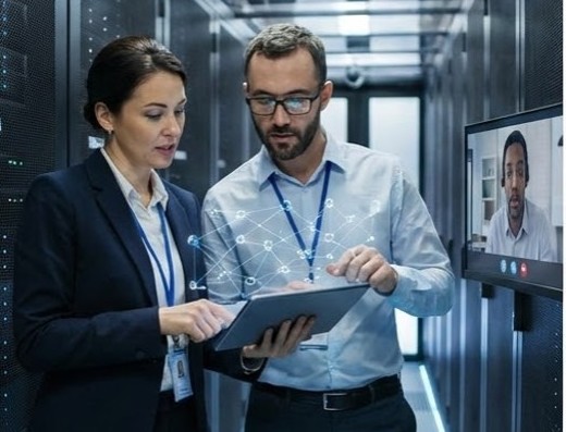 A group of professionals collaborating in a modern office.